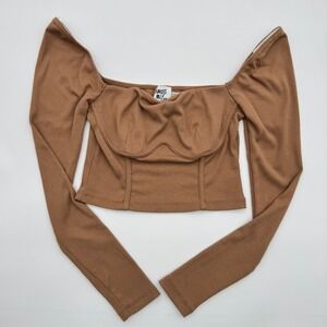 Princess Polly Light Brown Ribbed Long Sleeve Crop Top